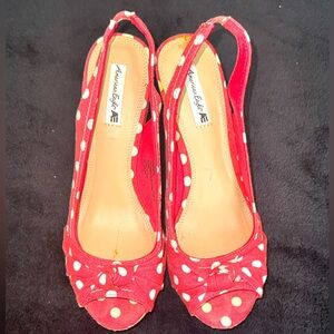 Salmon colored polkadot wedge sandals by American Eagle